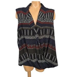 Bongo Plus 3X Geometric Print Sleeveless Draped Collar V Neck Blouse Top Women